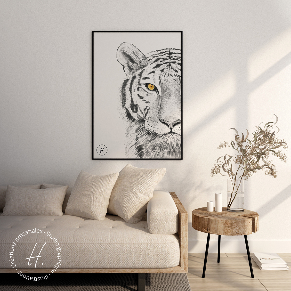 Le tigre (dessin fait main, technique crayon de bois)